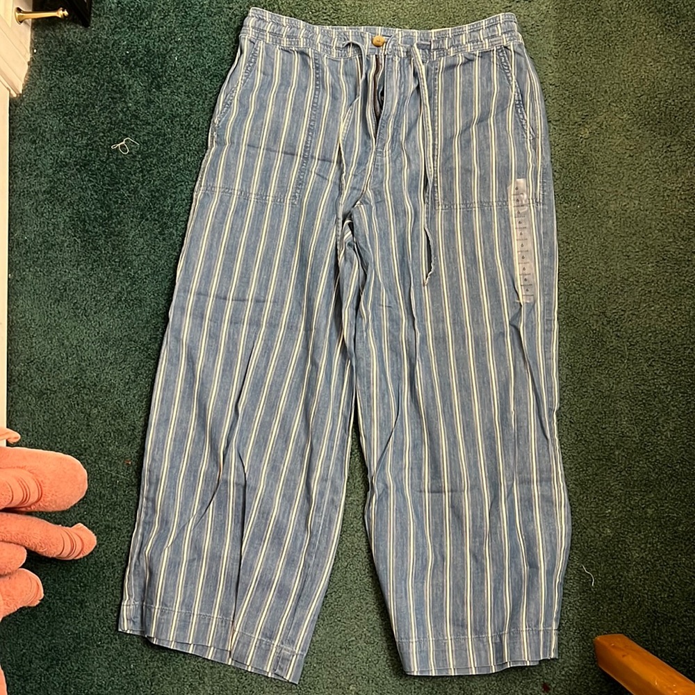 High waisted striped denim pants that go to mid calf